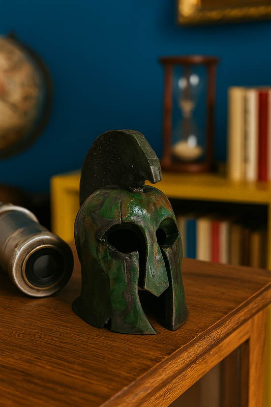 Scultura Ceramica - Elmo Greco con Cimiero Verde Metallico