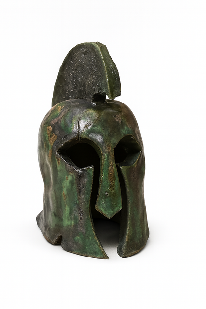 Scultura Ceramica - Elmo Greco con Cimiero Verde Metallico