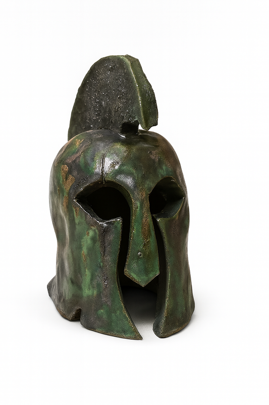 Scultura Ceramica - Elmo Greco con Cimiero Verde Metallico