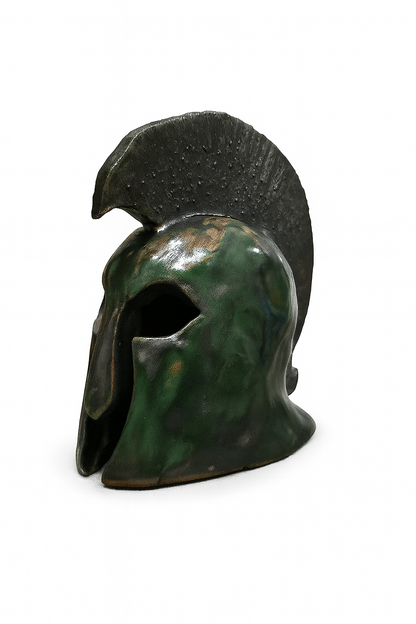 Scultura Ceramica - Elmo Greco con Cimiero Verde Metallico