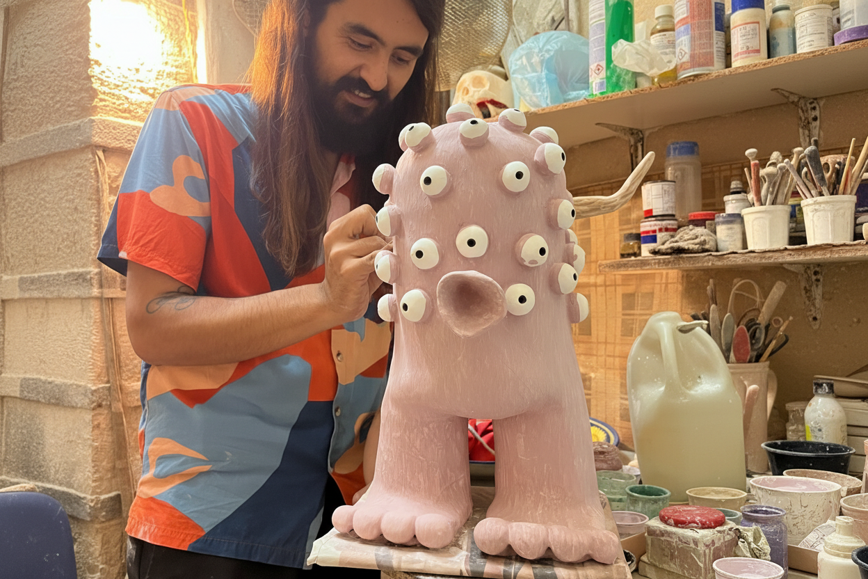 Foto professionale artigiano con scultura ceramica